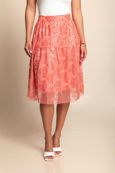 Falda midi con estampado floral, color coral