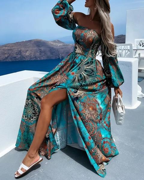 Maxi vestido elegante con estampado Montella, azul claro