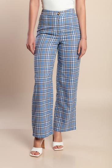 Pantalón largo con estampado de cuadros, azul claro