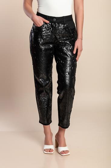 Pantalón talla grande 7/8 con lentejuelas, color negro