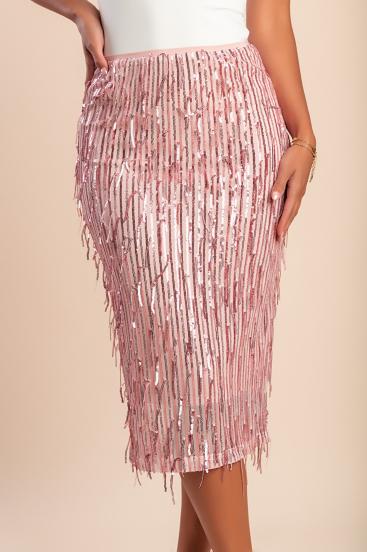 Elegante falda midi con lentejuelas, color rosa.