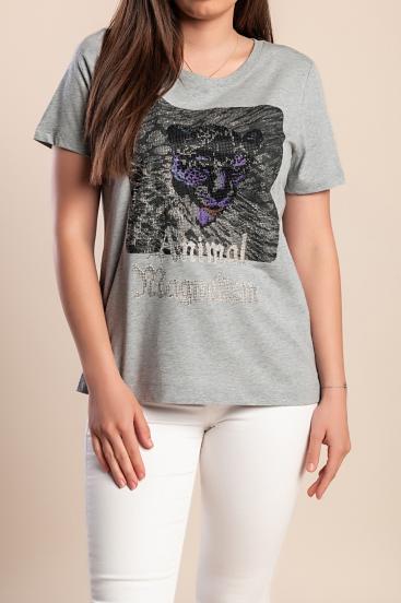 Camiseta de algodón con estampado, talla grande, color gris.