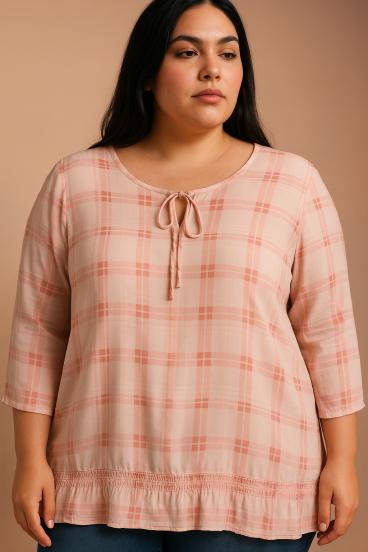 Túnica transparente de talla grande con estampado de cuadros, rosa