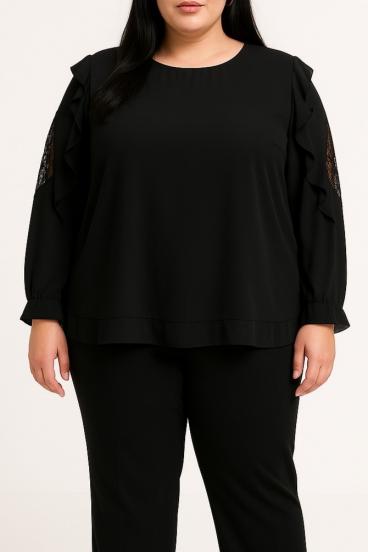 Blusa talla grande con encaje, negra