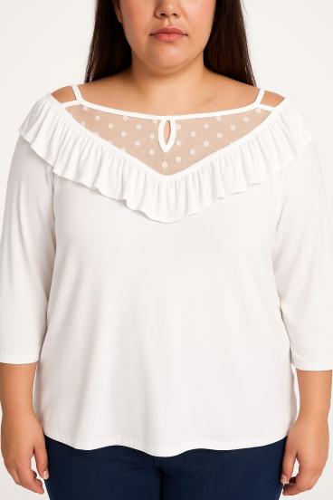 Top con volantes de talla grande, blanco