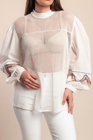 Blusa de malla de algodón, color blanco