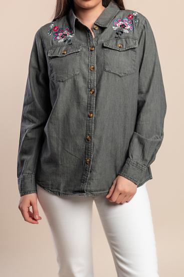 Camisa vaquera de talla grande con bordado, color gris