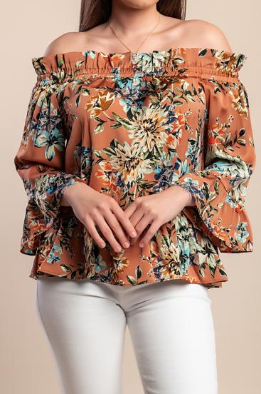 Blusa con estampado floral, marrón