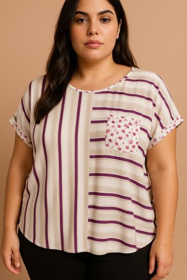 Top de talla grande con estampado de rayas, beige