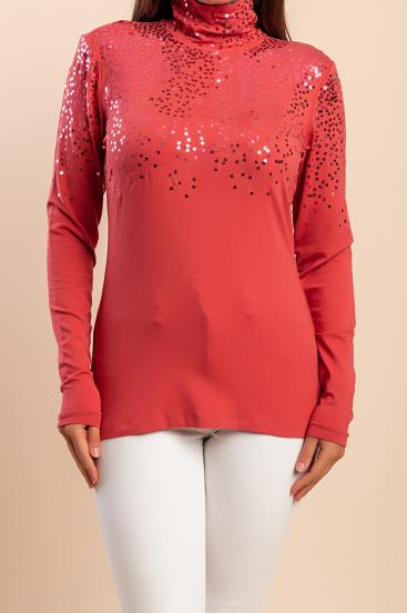 Top con cuello alto y lentejuelas, color rosa