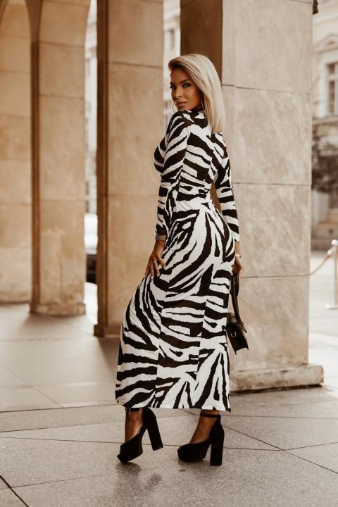 Elegante maxi vestido con estampado de cebra Cadiza, blanco y negro