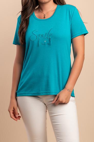 Camiseta de algodón con cuello redondo, color turquesa