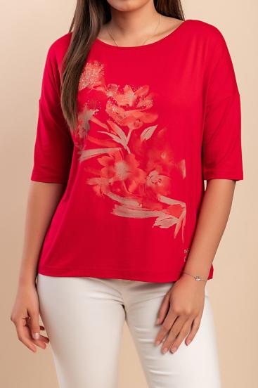 Top estampado de manga 3/4, rojo