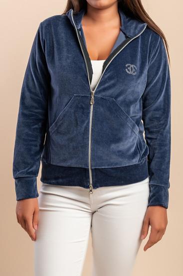 Sudadera de algodón con cremallera en imitación terciopelo, azul oscuro