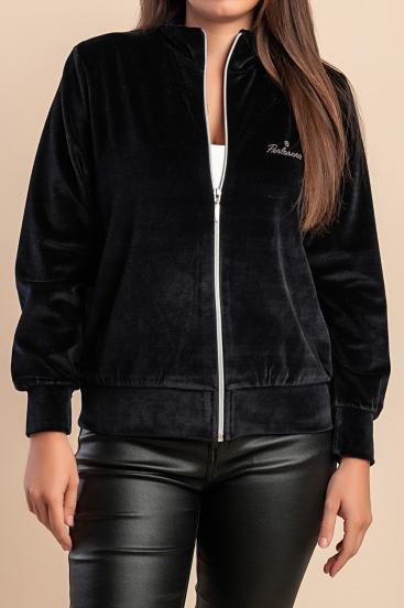 Chaqueta con cremallera en imitación terciopelo, negra