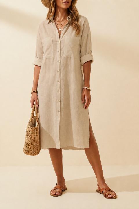 Vestido camisero maxi suelto de lino, beige