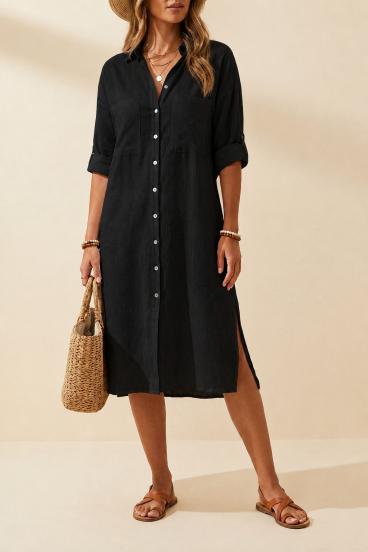 Vestido camisero maxi suelto de lino, negro