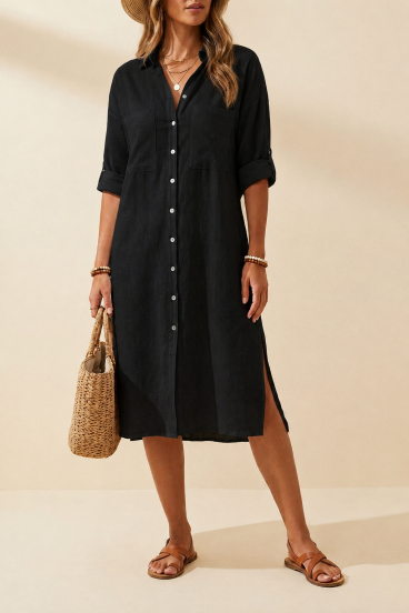 Vestido camisero maxi suelto de lino, negro
