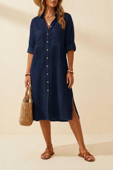 Vestido Camisa Maxi Holgado de Lino, Azul Oscuro