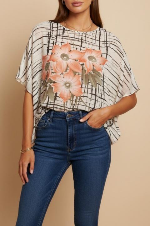 Blusa Transparente Estampada, Beige