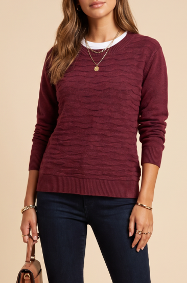 Suéter de cuello redondo para mujer, burdeos