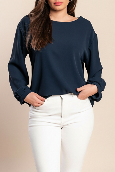 Blusa de Cuello Redondo, Azul Oscuro