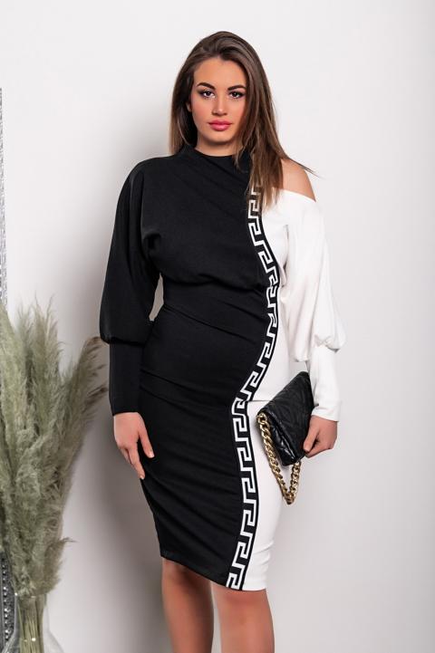 Elegante vestido midi con estampado geométrico, blanco y negro