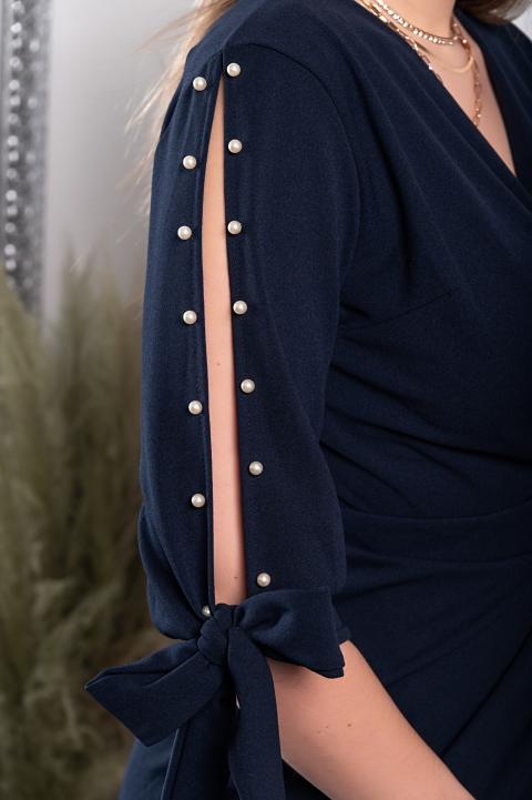 Elegante mini vestido con detalle de perlas de imitación y escote cruzado Candys, azul oscuro