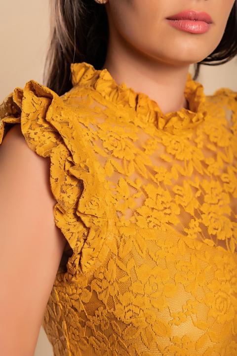 Mini vestido de encaje elegante, amarillo