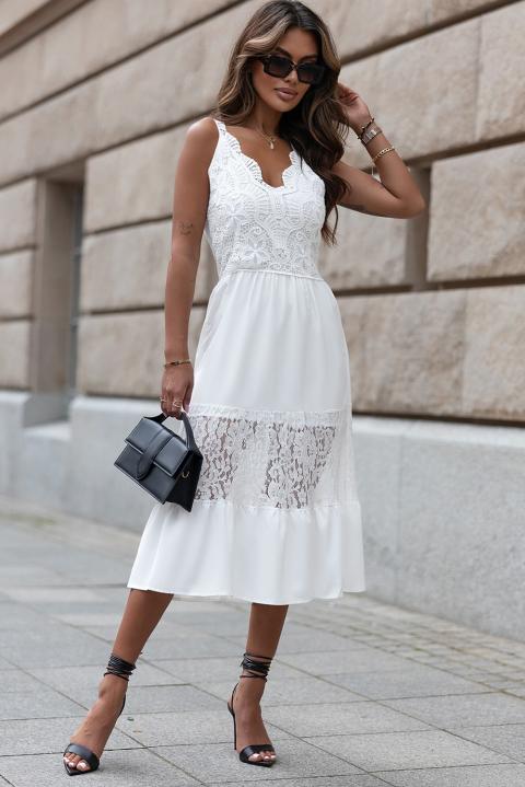 Maxi vestido elegante con detalles de encaje y crochet, blanco