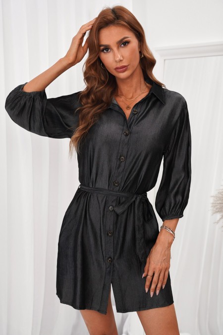 Mini vestido camisero de manga corta y botones Guadeloupe, negro --75%