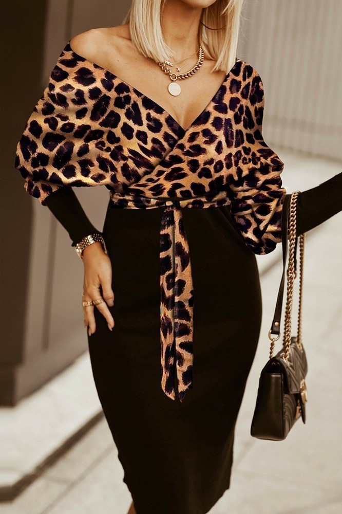 Vestido midi elegante con estampado de leopardo y escote Dimma, negro --53%