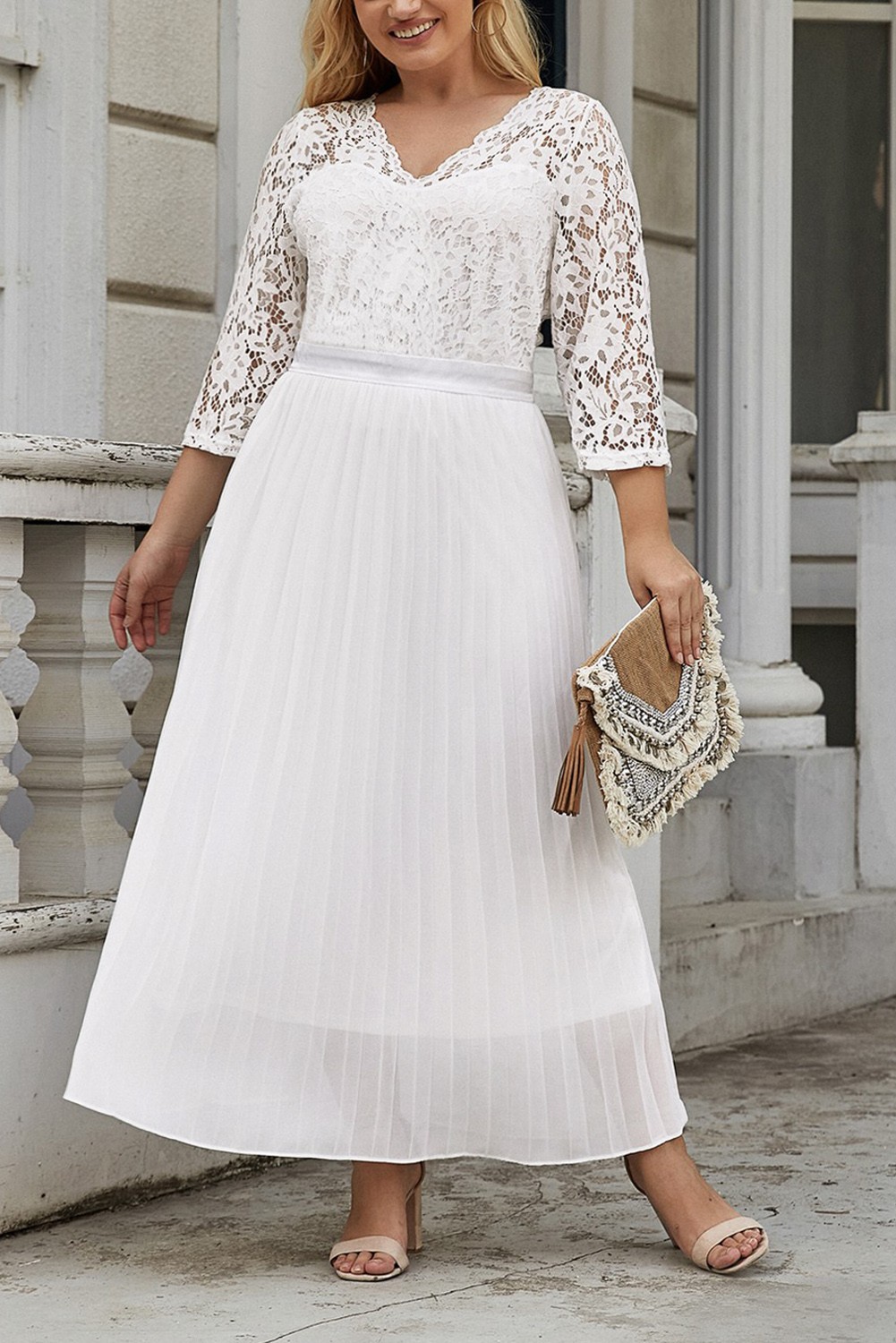 Vestido largo elegante con encaje talla grande, blanco