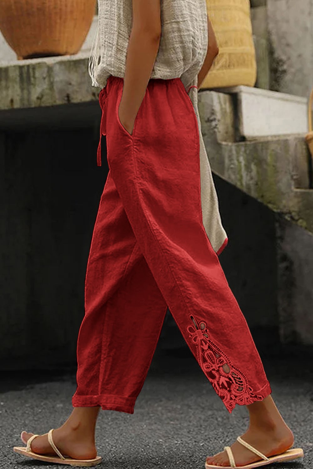 Pantalón elegante de algodón con encaje, rojo --47%